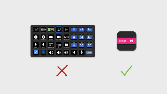Screenshot showing CueCam's teleprompter window with a big next button, small audio meter, and teleprompter overlay.