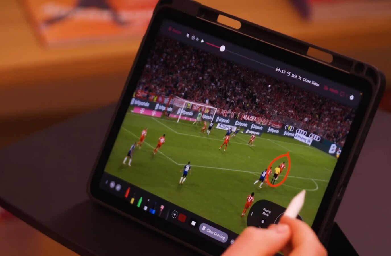 Circling a player on match footage with Video Pencil and Apple Pencil